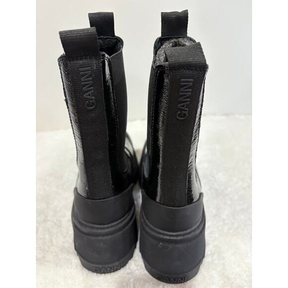 NWOB Ganni Cleated Heeled Mid Chelsea Boots Black Patent Leather Women's Size 39 - Picture 9 of 14